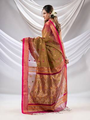 Ochre Cotton Blend Handwoven Saree With Zari Woven Nakshi Border 4
