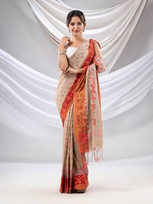Beige Cotton Handwoven Saree With Jamdani Design 2
