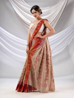 Beige Cotton Handwoven Saree With Jamdani Design 3