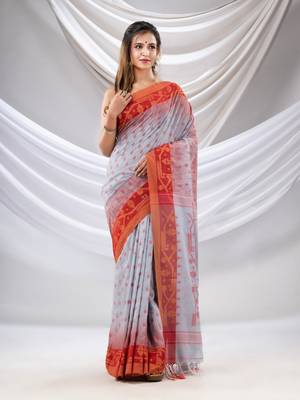 Bluish Grey Cotton Handwoven Saree With Jamdani Design 1