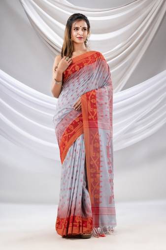 Bluish Grey Cotton Handwoven Saree With Jamdani Design