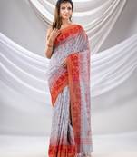Bluish Grey Cotton Handwoven Saree With Jamdani Design