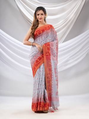 Bluish Grey Cotton Handwoven Saree With Jamdani Design 2