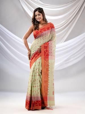 Pistachio Green Cotton Handwoven Soft Saree With Floral Nakshi Borders 1