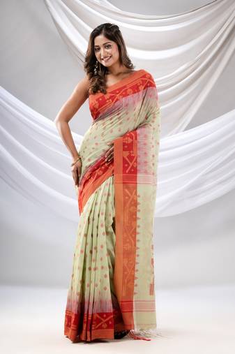 Pistachio Green Cotton Handwoven Soft Saree With Floral Nakshi Borders