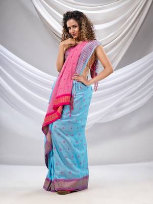 Sky Blue Cotton Handwoven Soft Saree With Floral Buttas 1