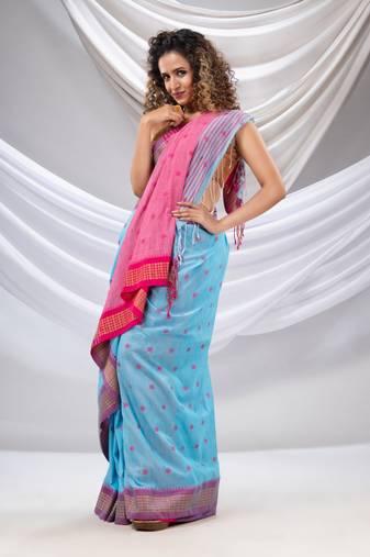 Sky Blue Cotton Handwoven Soft Saree With Floral Buttas