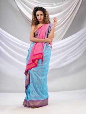 Sky Blue Cotton Handwoven Soft Saree With Floral Buttas 2
