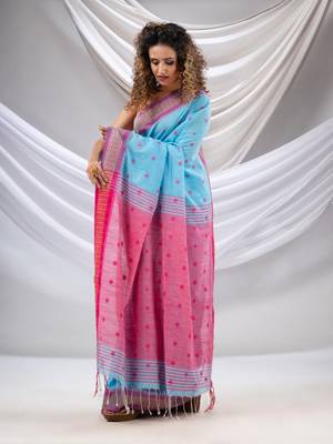 Sky Blue Cotton Handwoven Soft Saree With Floral Buttas 3