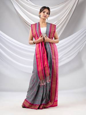Grey Cotton Handwoven Soft Saree With Floral Buttas 1