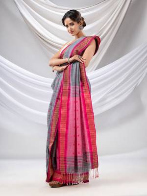 Grey Cotton Handwoven Soft Saree With Floral Buttas 3