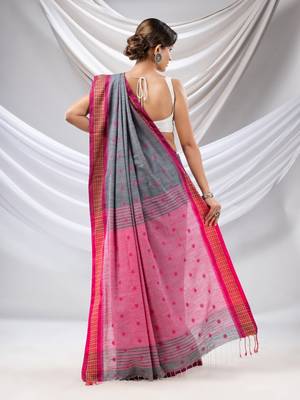 Grey Cotton Handwoven Soft Saree With Floral Buttas 4