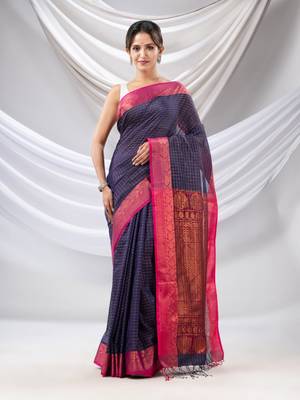 Navy Blue Silk Matka Soft Saree With Checked Pattern 1