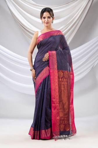 Navy Blue Silk Matka Soft Saree With Checked Pattern