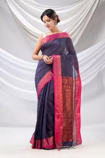 Navy Blue Silk Matka Soft Saree With Checked Pattern