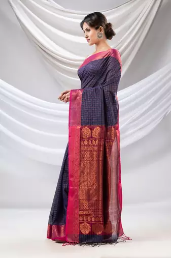 Navy Blue Silk Matka Soft Saree With Checked Pattern