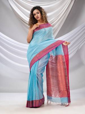 Sky Blue Silk Matka Soft Saree With Checked Pattern 1