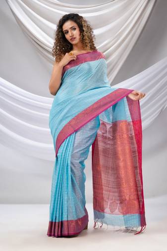 Sky Blue Silk Matka Soft Saree With Checked Pattern