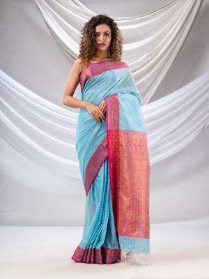Sky Blue Silk Matka Soft Saree With Checked Pattern 2