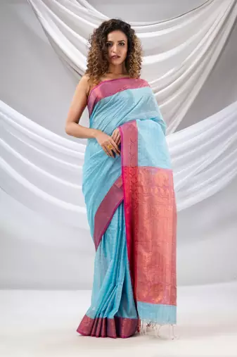 Sky Blue Silk Matka Soft Saree With Checked Pattern