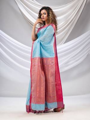 Sky Blue Silk Matka Soft Saree With Checked Pattern 3