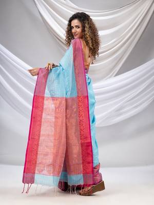 Sky Blue Silk Matka Soft Saree With Checked Pattern 4
