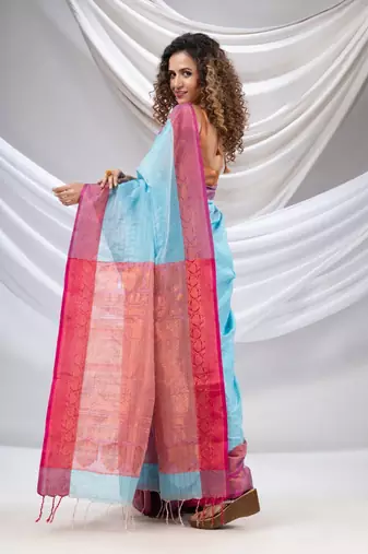 Sky Blue Silk Matka Soft Saree With Checked Pattern