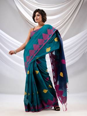 Teal Cotton Blend Handwoven Saree With Woven Design 1