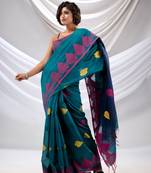 Teal Cotton Blend Handwoven Saree With Woven Design