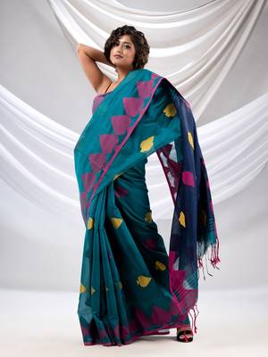 Teal Cotton Blend Handwoven Saree With Woven Design 2