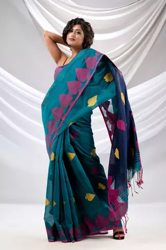 Teal Cotton Blend Handwoven Saree With Woven Design