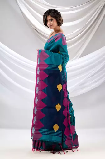 Teal Cotton Blend Handwoven Saree With Woven Design