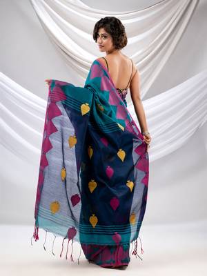 Teal Cotton Blend Handwoven Saree With Woven Design 4