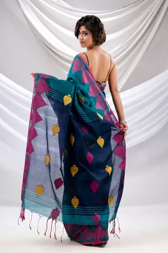 Teal Cotton Blend Handwoven Saree With Woven Design
