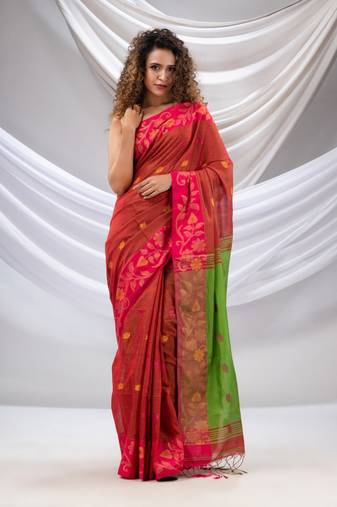 Red Tissue Handwoven Soft Saree With Floral Nakshi Borders