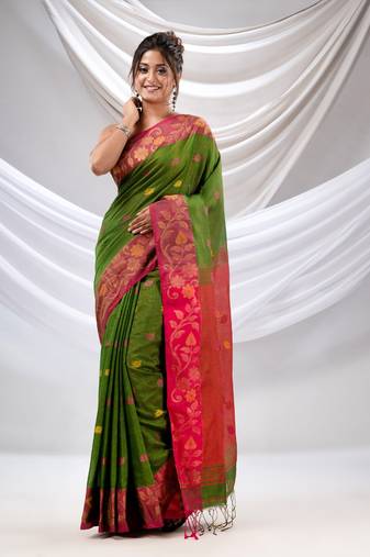 Green Tissue Handwoven Soft Saree With Floral Nakshi Borders