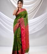 Green Tissue Handwoven Soft Saree With Floral Nakshi Borders