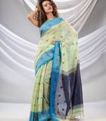 Pistachio Green Tissue Handwoven Soft Saree With Floral Nakshi Borders