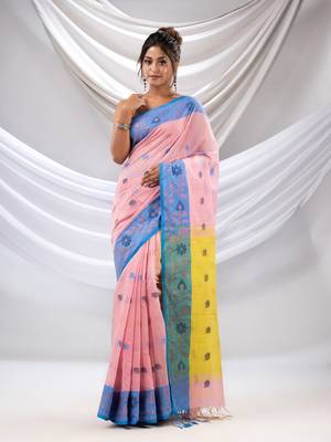 Baby Pink Tissue Handwoven Soft Saree With Floral Nakshi Borders 1