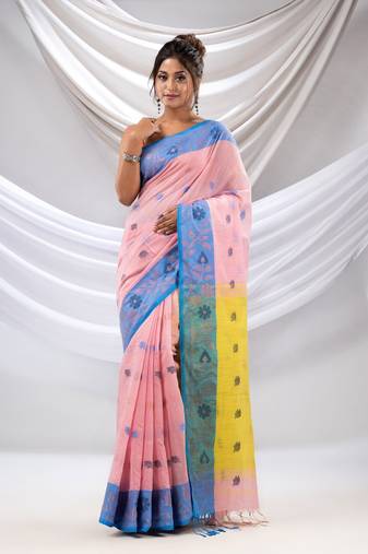 Baby Pink Tissue Handwoven Soft Saree With Floral Nakshi Borders