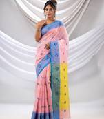 Baby Pink Tissue Handwoven Soft Saree With Floral Nakshi Borders