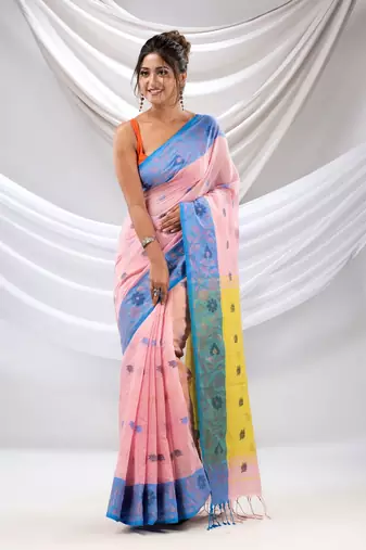 Baby Pink Tissue Handwoven Soft Saree With Floral Nakshi Borders