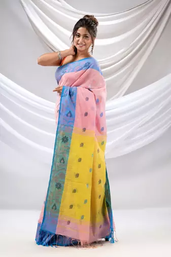 Baby Pink Tissue Handwoven Soft Saree With Floral Nakshi Borders