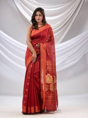 Brick Red Cotton Blend Handwoven Saree With Nakshi Pallu 1