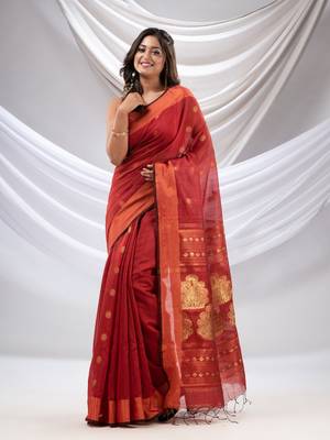 Brick Red Cotton Blend Handwoven Saree With Nakshi Pallu 2