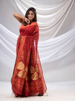 Brick Red Cotton Blend Handwoven Saree With Nakshi Pallu 3