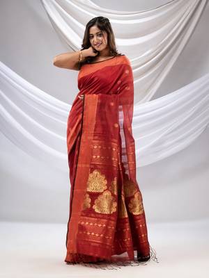 Brick Red Cotton Blend Handwoven Saree With Nakshi Pallu 4