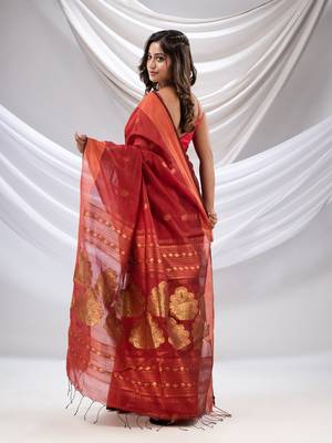 Brick Red Cotton Blend Handwoven Saree With Nakshi Pallu 5