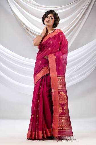 Magenta Cotton Blend Handwoven Saree With Nakshi Pallu