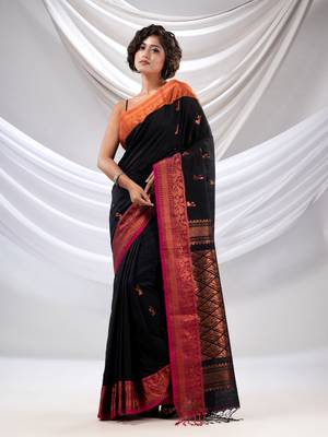 Black Cotton Handwoven Soft Saree With Zari Woven Nakshi Borders 1